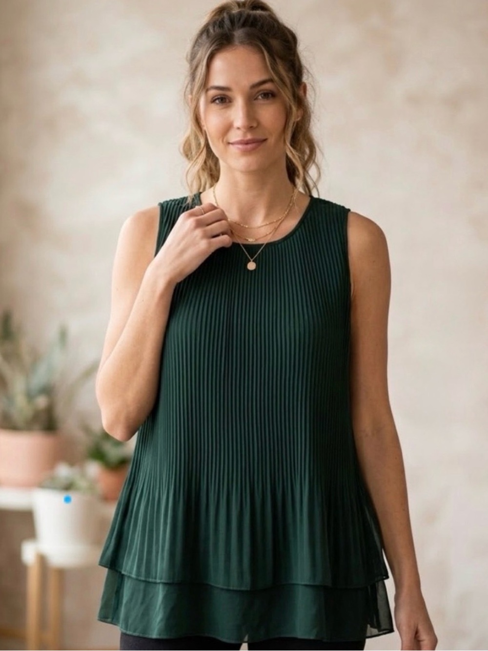 ZARA | Dark Green Pleated Sleeveless Blouse